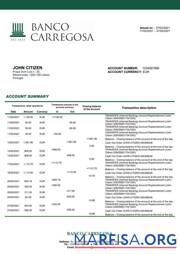 Blank Portugal Banco Carregosa bank statement word template